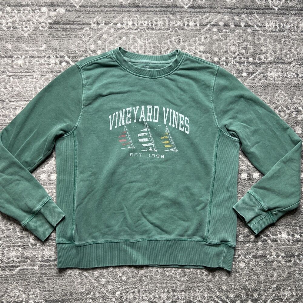 Vineyard Vines Youth Boys Large Faded Green Sailboats Sweatshirt Distressed